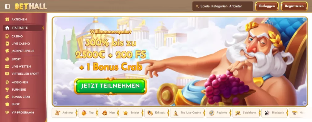 Bethall Casino – 300% Willkommensbonus bis zu 2.500 € plus 200 Freispiele jetzt sichern